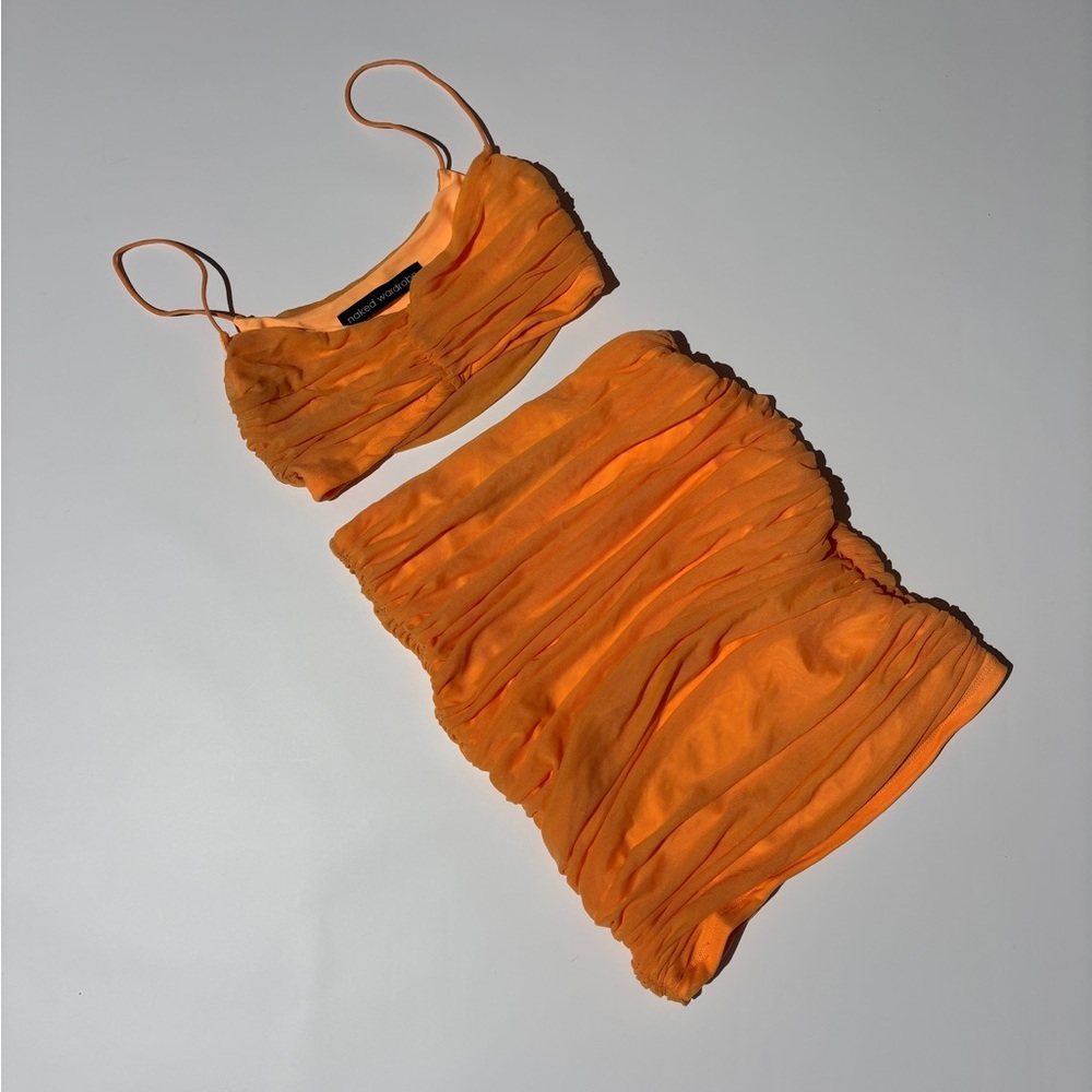 Naked Wardrobe Bright Orange Mesh Ruched Set